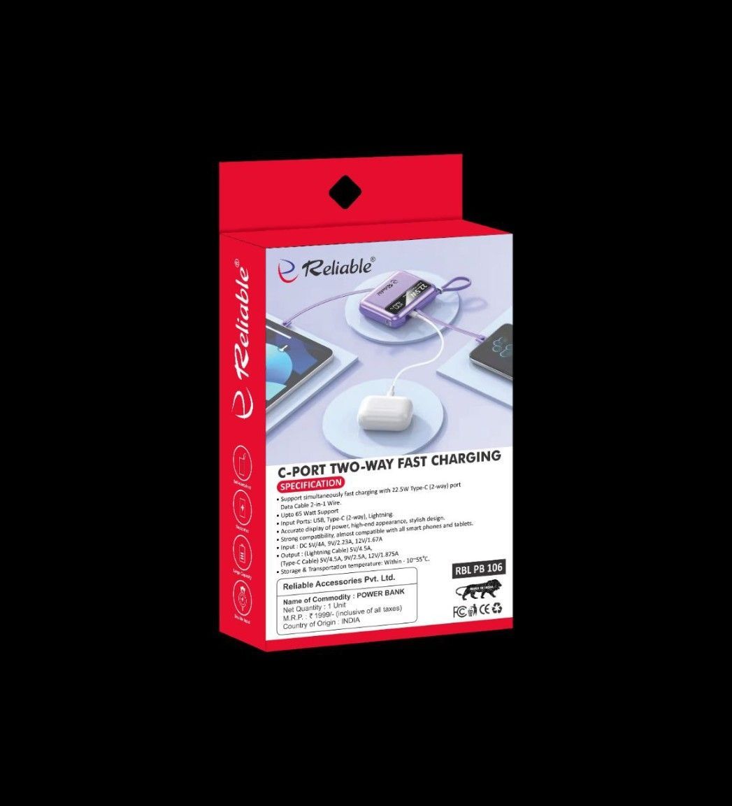 rbl pb 106 reliable 10000mah power bank | 22.5w fast charging | built in type c & lightning cables