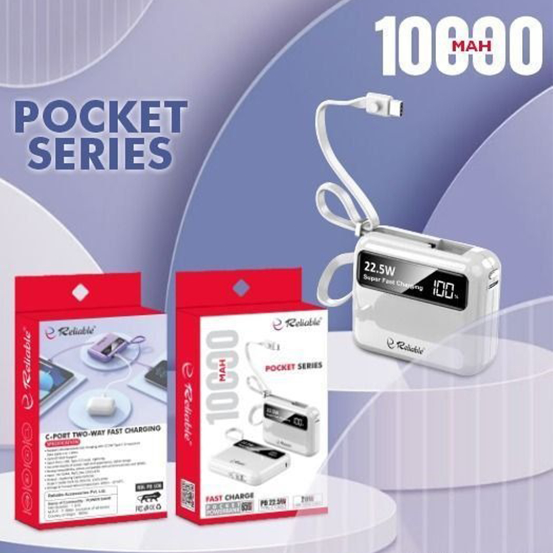 Reliable 10000mAh Power Bank | 22.5W Fast Charging, Built-in Type-C & Lightning Cables